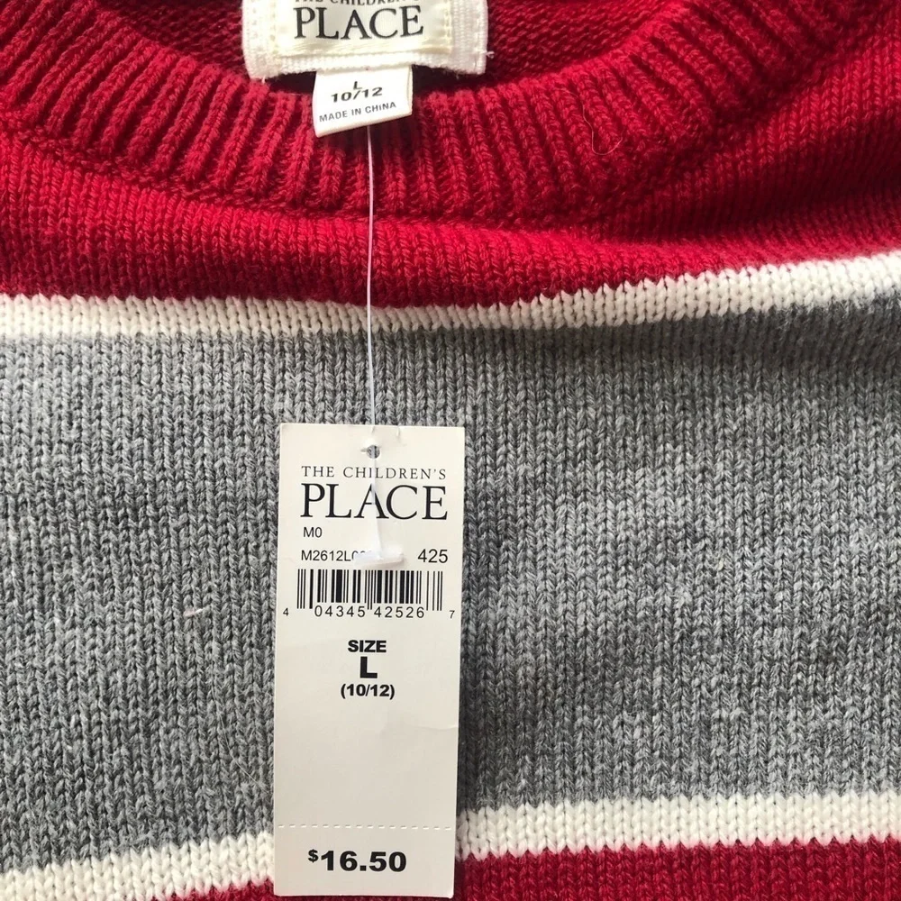 𝅺The Children's  Place Red Grey  striped‎ Sweater Boys Large  10 -12 NWT
